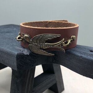 Leather handcrafted brass swallow bird bracelet, boho.